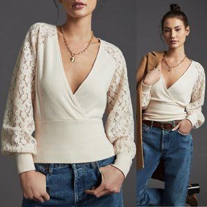 By Anthropologie Lace Sleeve Ribbed Sweater Top Surplice Wrap V Neck Cream S